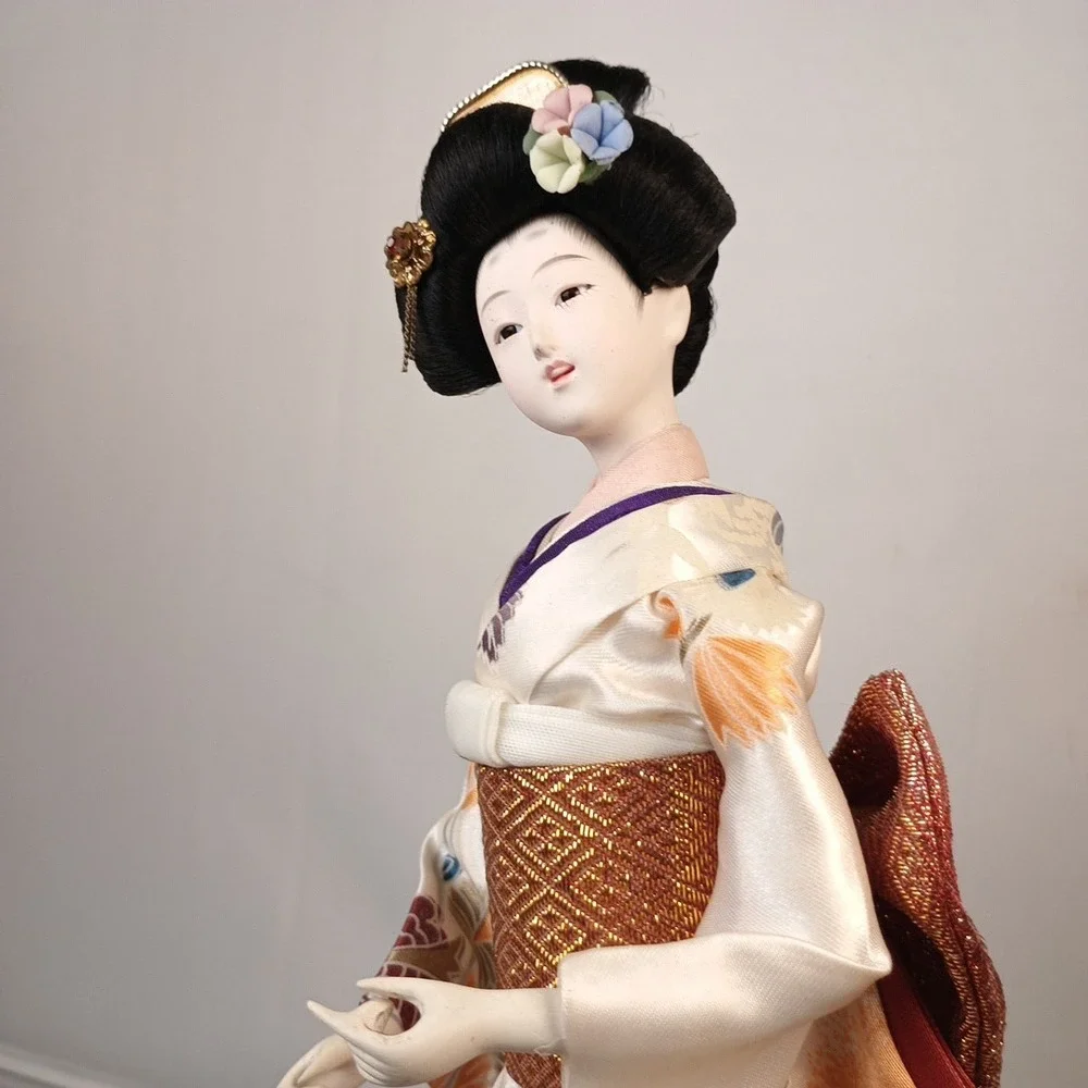 Vintage Japanese Geisha Doll Dancer White Silk Flower Kimono Full Headdress 12